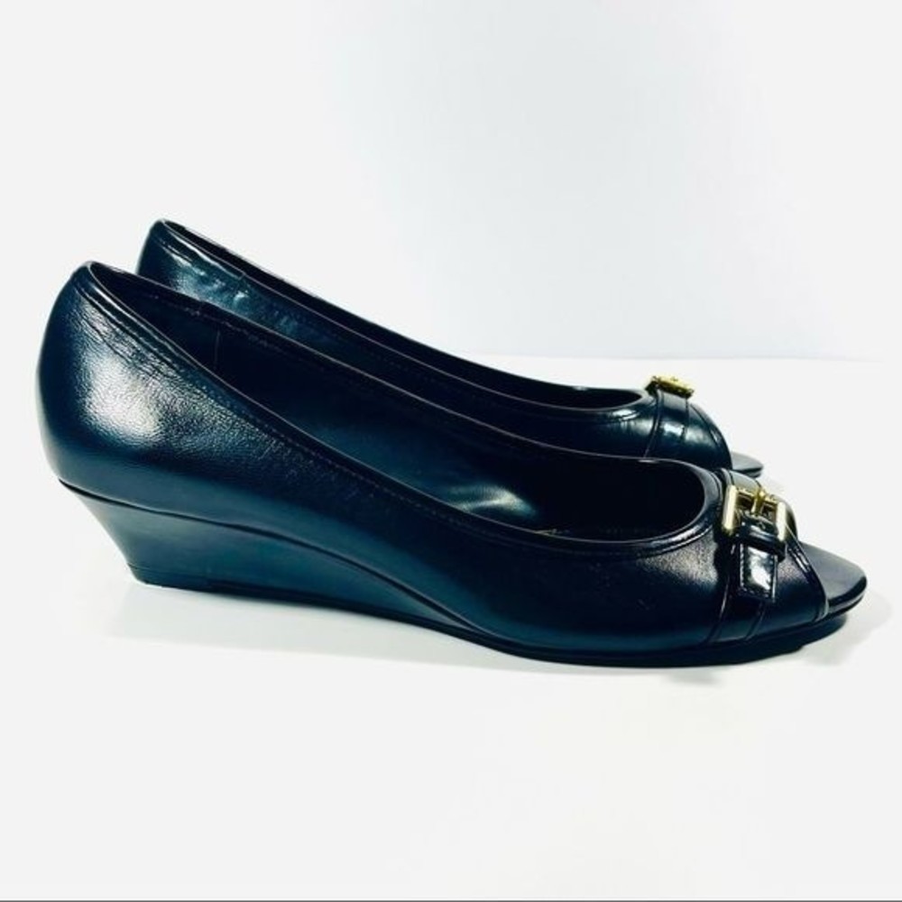 Lauren Ralph Lauren Black Leather Open Toe Wedges Flats Gold Buckle Size 6B